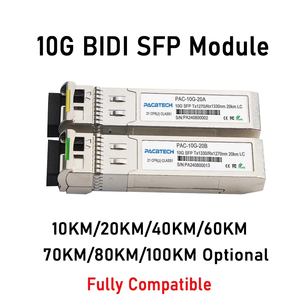 10G SFP+ BIDI Fiber Transceiver Module, 10km-100km, LC, WDM, 1270nm/1330nm, Compatible with Cisco & Mikrotik, 2-Pack