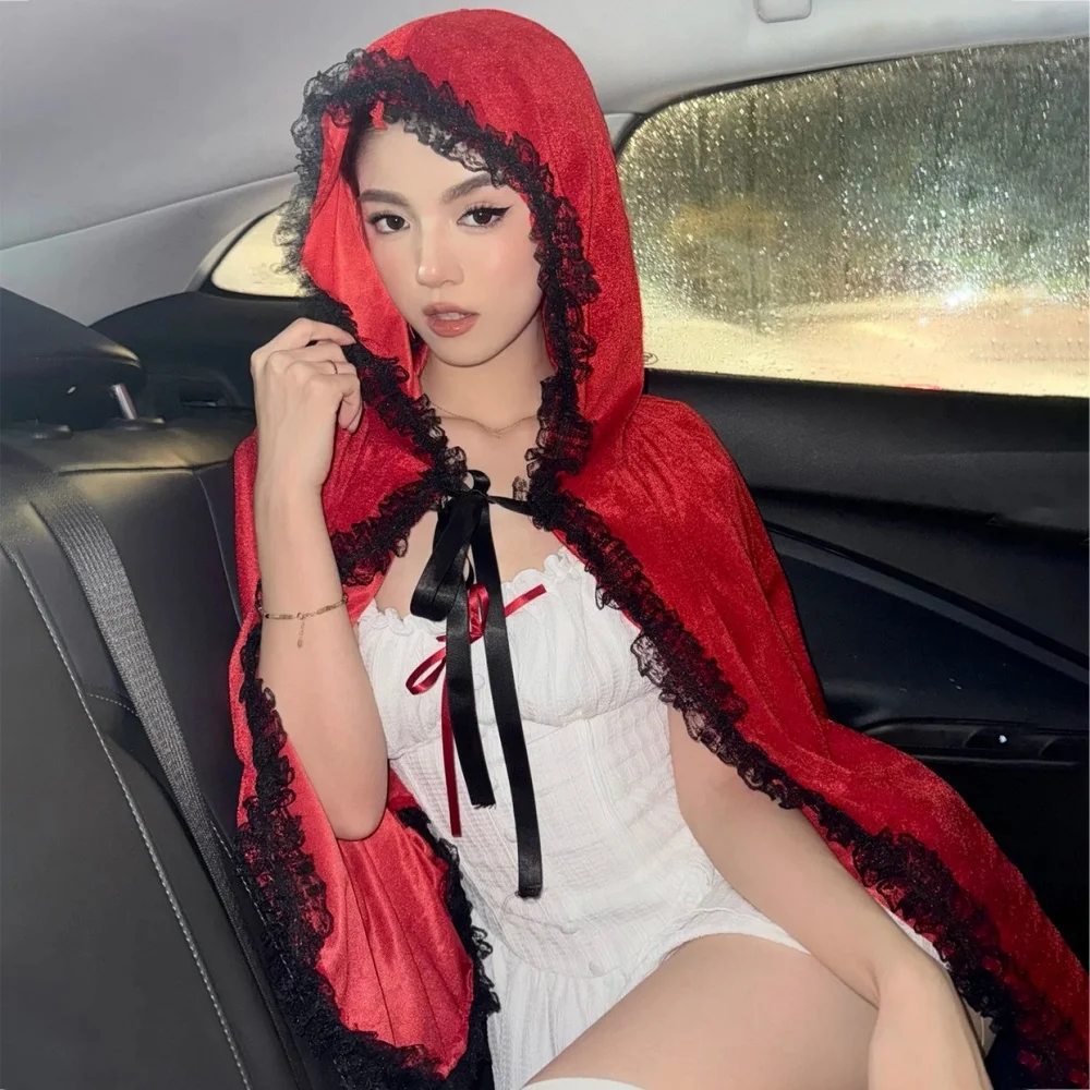 loween Witch Cloak Red oulder awl Costume  Adult Masquerade Ball Outfit Polyester Fiber Stage Costume Women