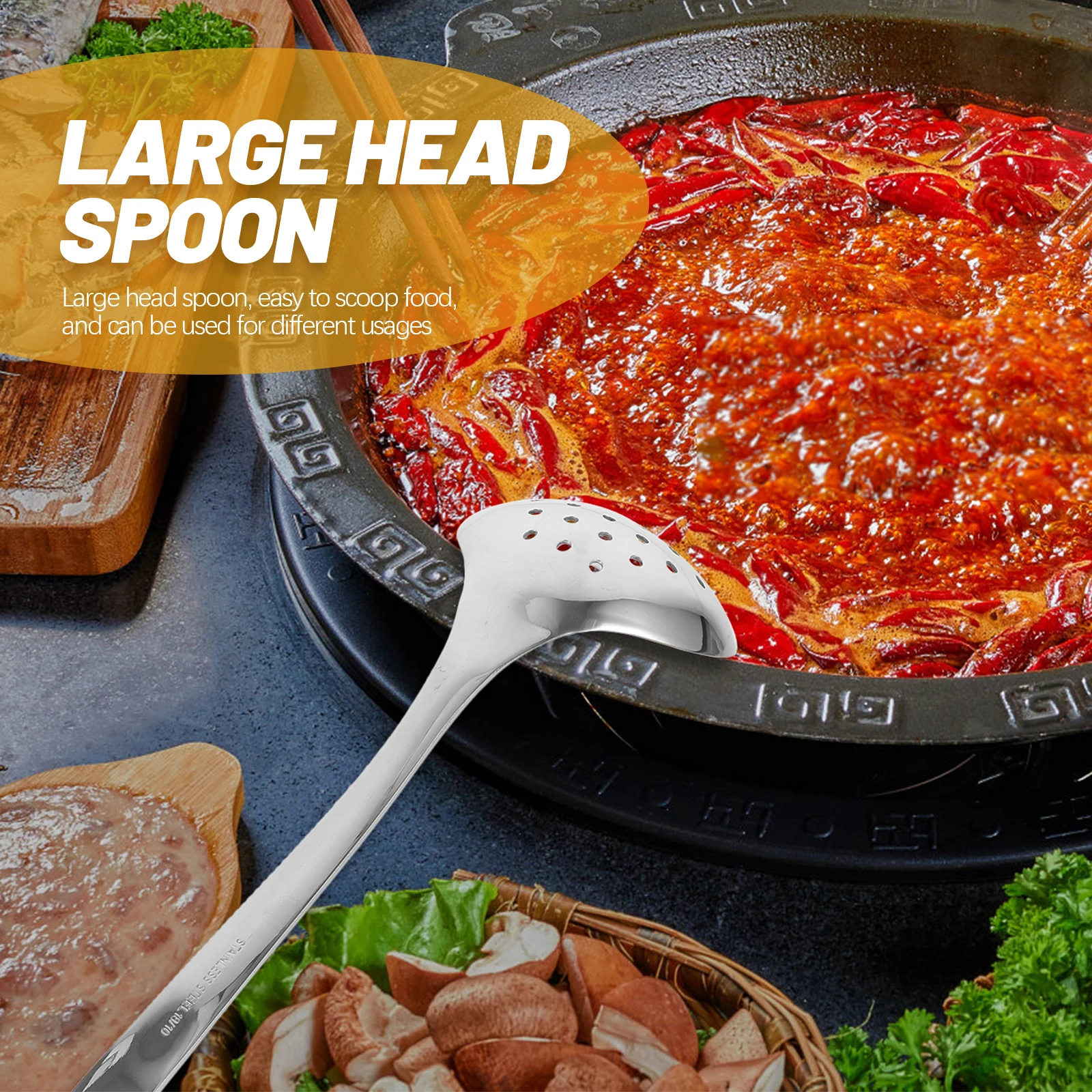 

2Pcs Stainless Steel Slotted Spoons Thickened Deep Kitchen Hot Pot Utensils Reusable Serving Scoops Wall Mountable Storage