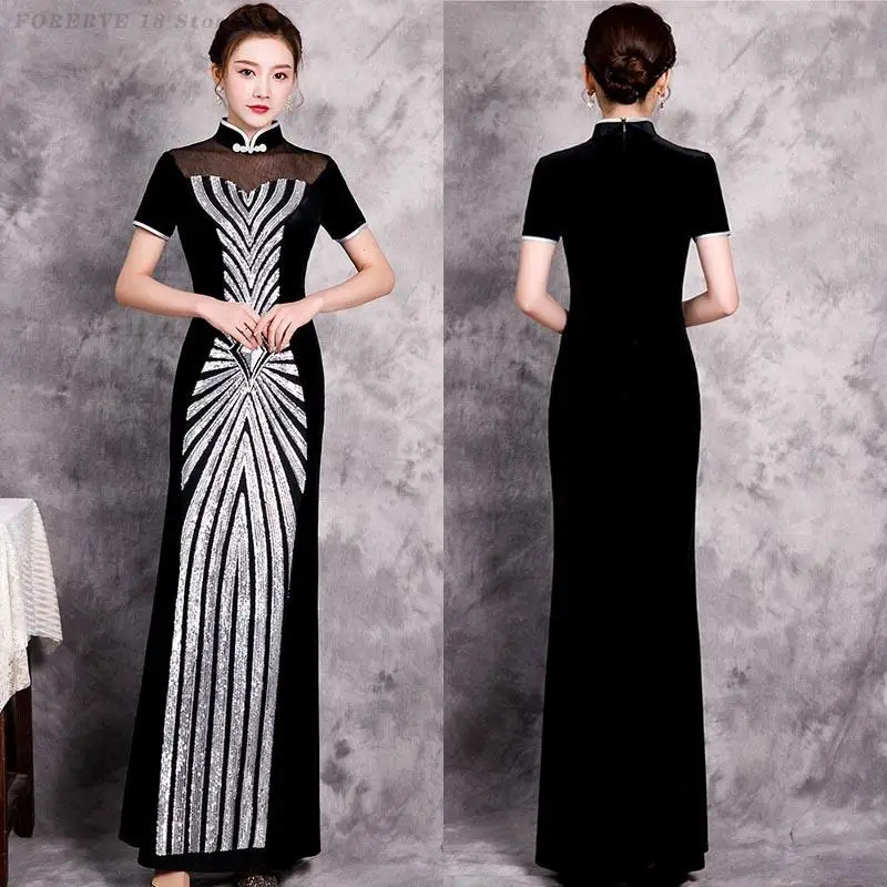 

Long Velvet Qipao Improved Chinese Style Dress Short Sleeve Vestidos Over Size 3XL 4XL 5XL Fashion Show Cheongsam Evening Gown