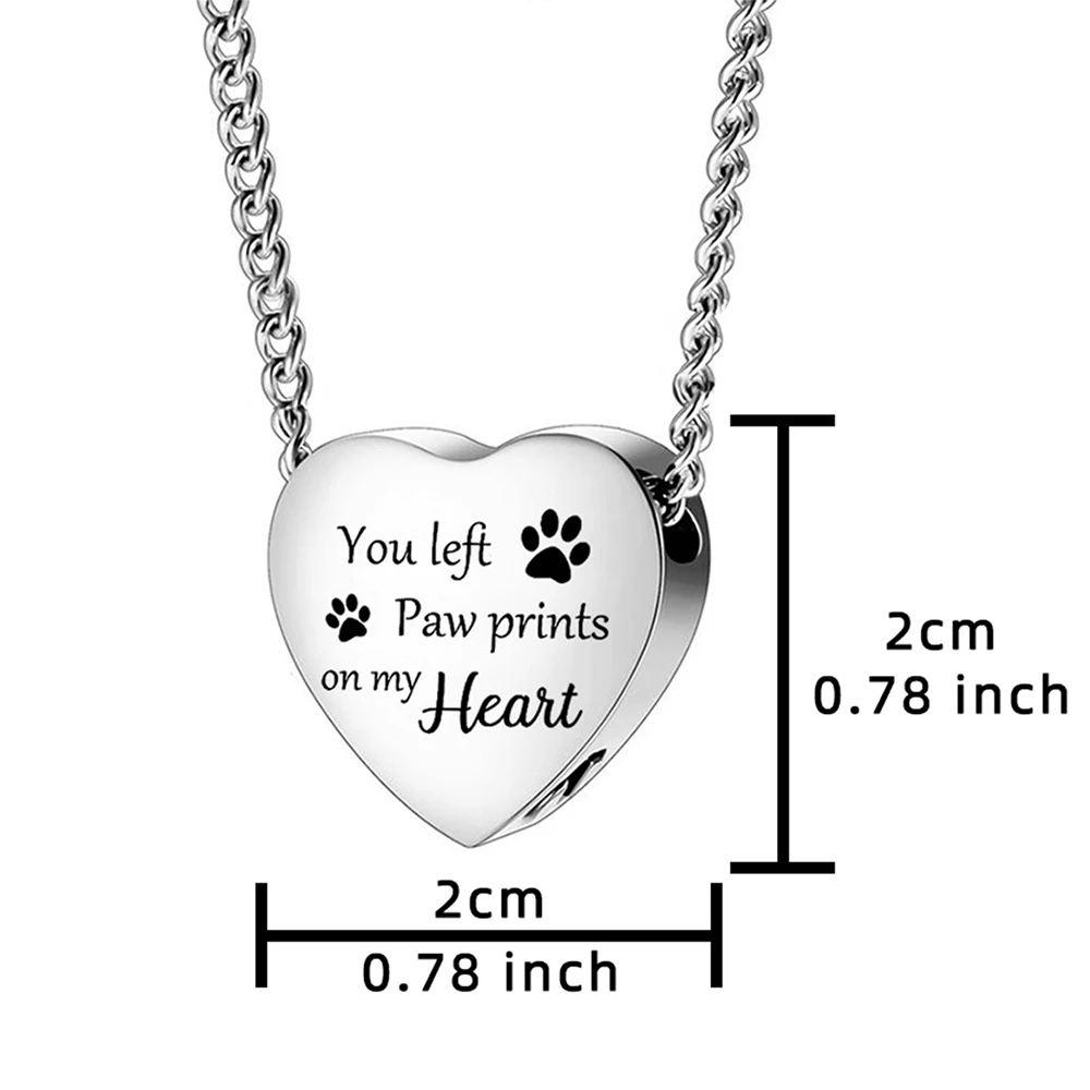  Paw Print Urn Necklace for Pet Ashes, Heart Pet Memorial Pendant | Stainless Steel, Screw Closure, with Funnel Holds Ashes