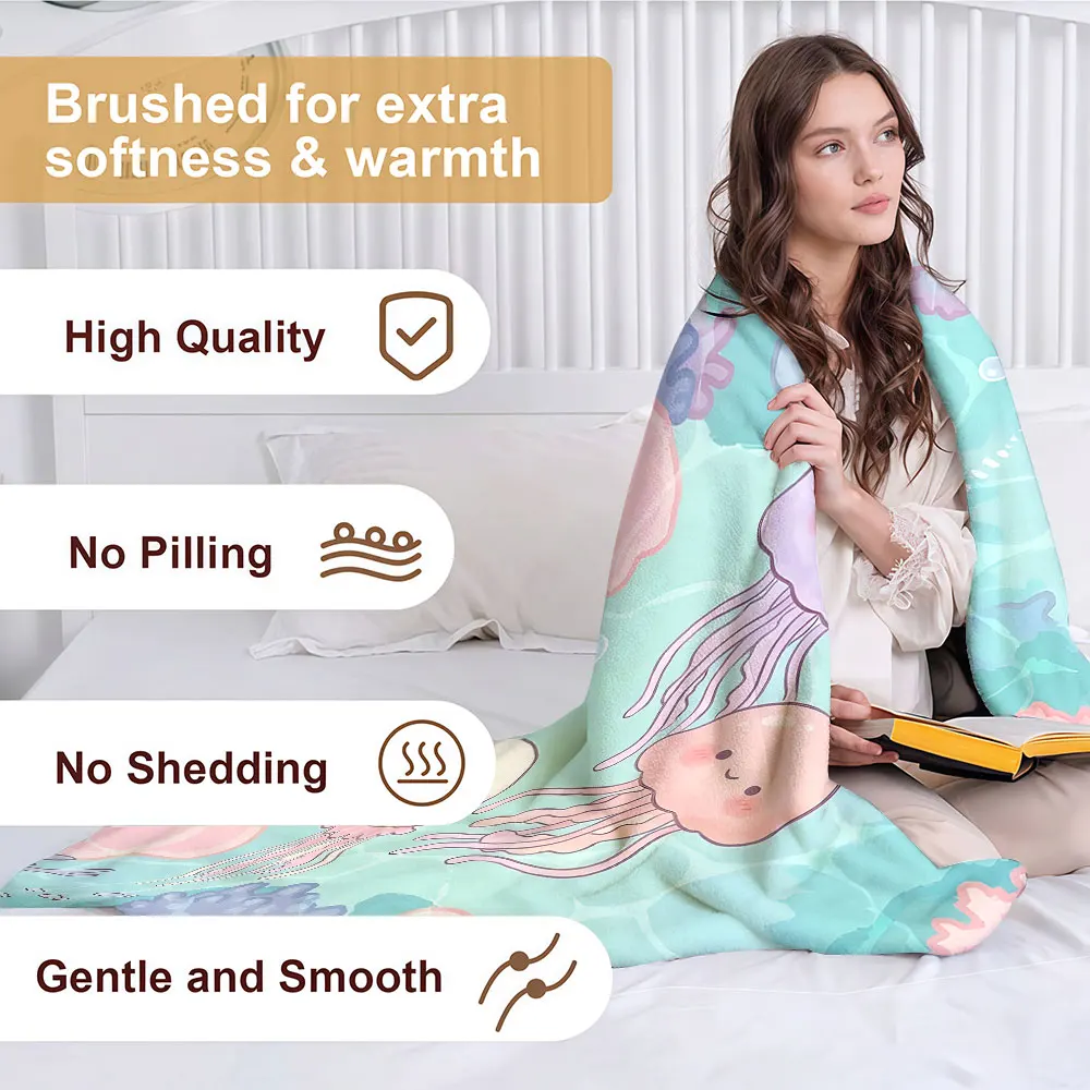 Cute Jellyfish Soft Warm Flannel Blanket Lightweight Cozy Christmas Halloween Home Decor Room