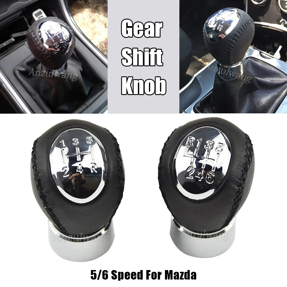 Chrome 5/6 Speed Black Leather Manual Gear Stick Shift Knob For Mazda 3 5 6 323 323F 626 RX-8 Premavy MPV Car Change Lever Knob