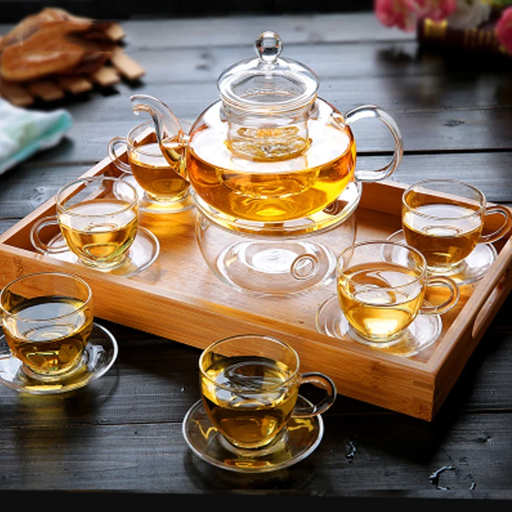 All Ready Elegant Glass Tea Set Borosilicate Glass Teapot With Cups Bamboo Tea Tray Tea SetKettle Warmer Glass Teapot Giftset