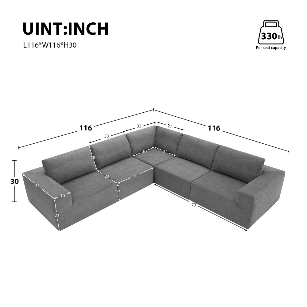 116''x116'' Modular L-Shaped Sectional Sofa, Luxury Upholstered Floor Couch Set, Foam-Filled Compressed Sofa for Living Room