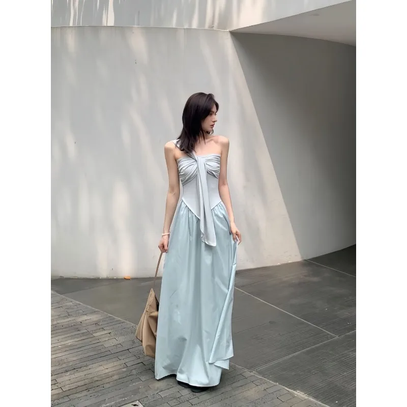 2024 Summer Fashion New Collection Waist Slimming Sleeveless Hollow out Pure Desire Oblique Shoulder Casual Knitted Dress