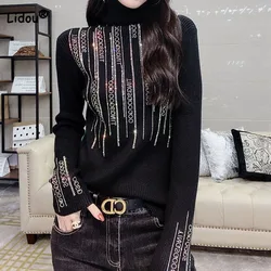 Autumn Winter Female Korean Diamonds Spliced Solid Sweaters Casual Fashion Long Sleeve Turtleneck Knitted Tops Women's Clothing