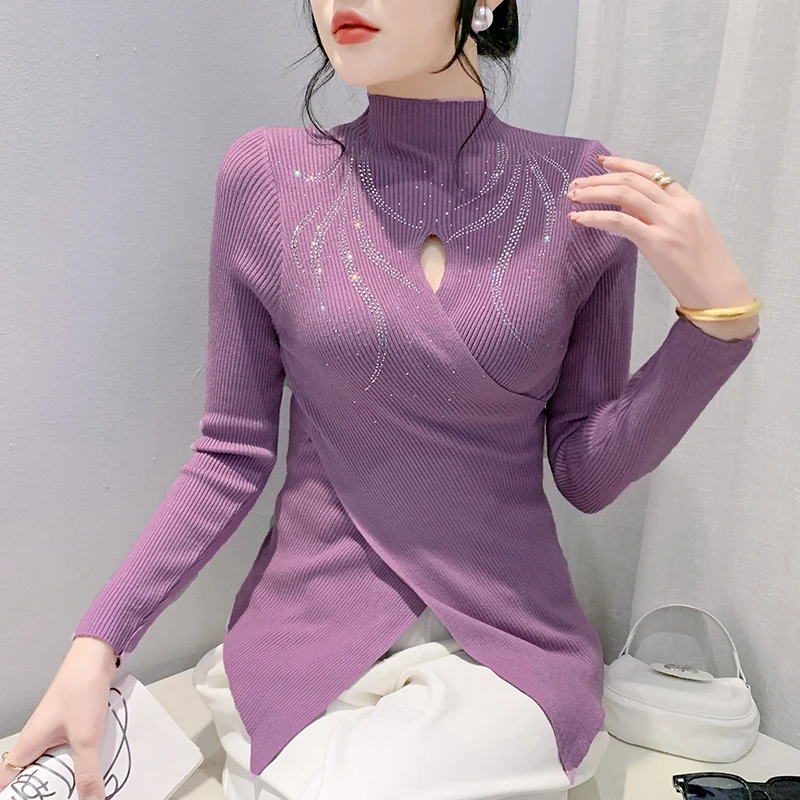 #4317 Black Purple Irregular Knitted Sweater Women Split Joint Skinny Pullover Ladies Diamonds Korean Style Stretch Turtleneck 