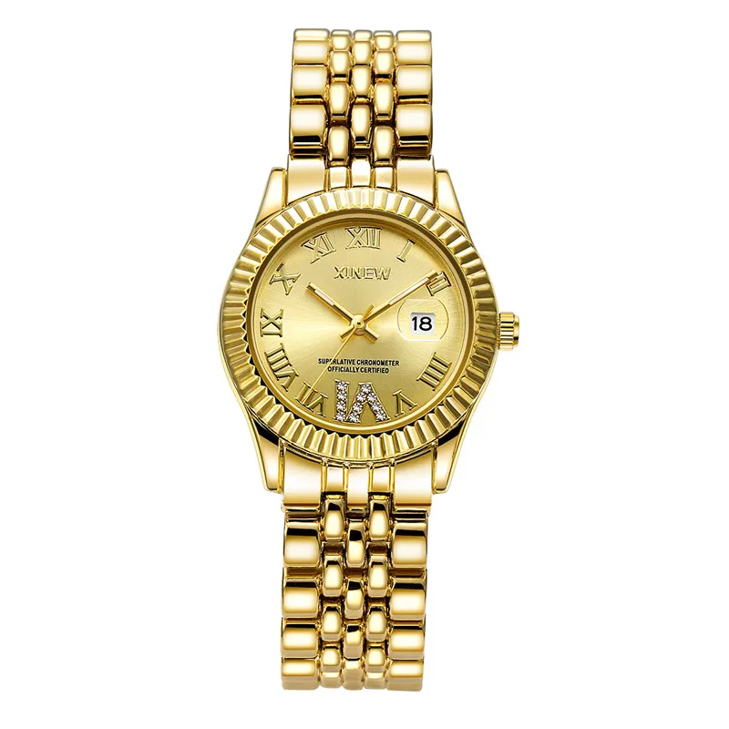 오리지널 XINEW 빅 브랜드 여성용 팔찌 시계 소녀 패션 합금 밴드 럭셔리 날짜 표시 쿼츠 시계 골든 몽트르 펨므 레로즈 무헤르