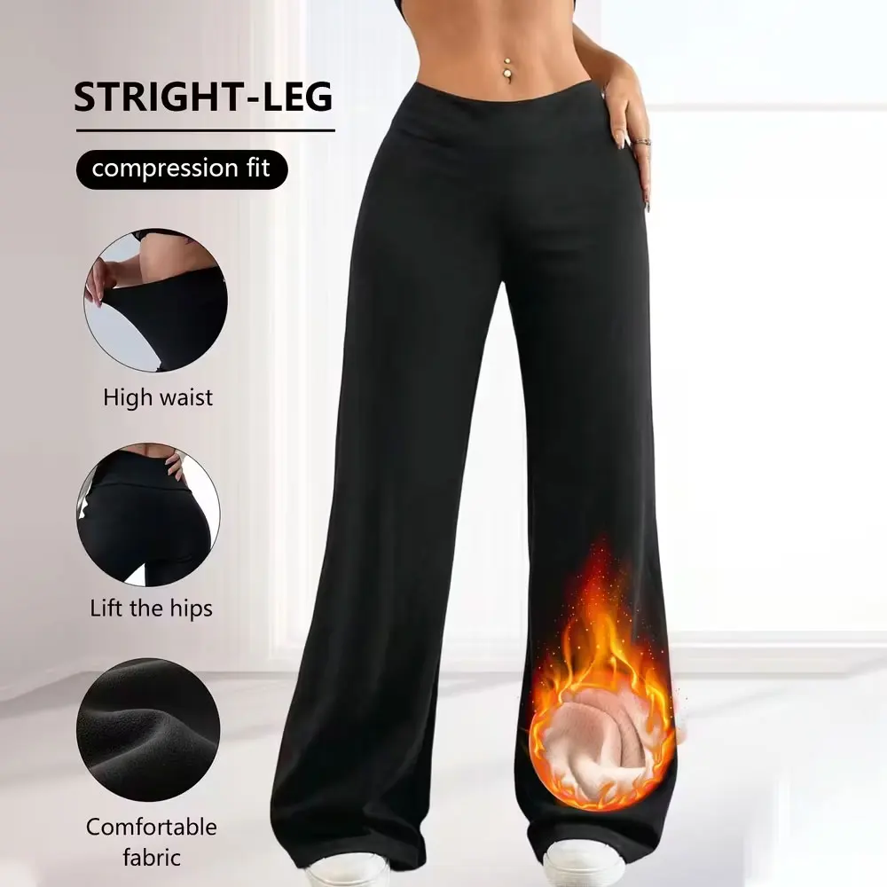 Fleece Lined Warm Straight Leg Pants Winter Women's Thickened Loose Wide Leg Pants French Terry Lined Warm Casual Long Trousers