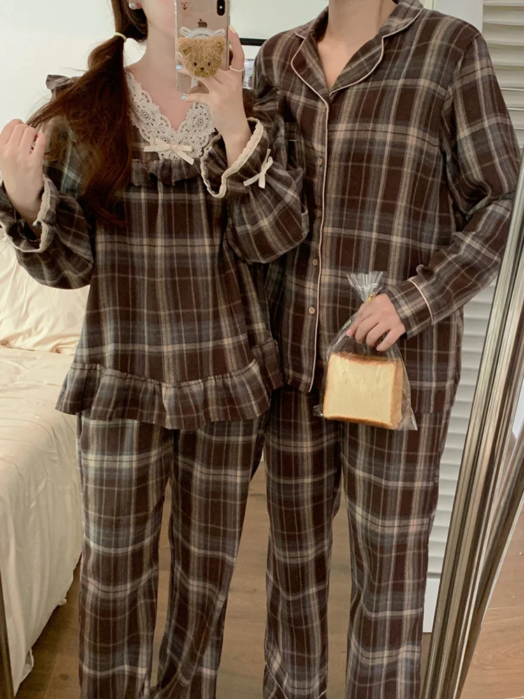 New 2colors Home Lovers Couple Lace Plaid Stripe Vintage Thicken Long Sleeve Pajama Set Women Sweet Loose Kawaii Sleep Tops InS