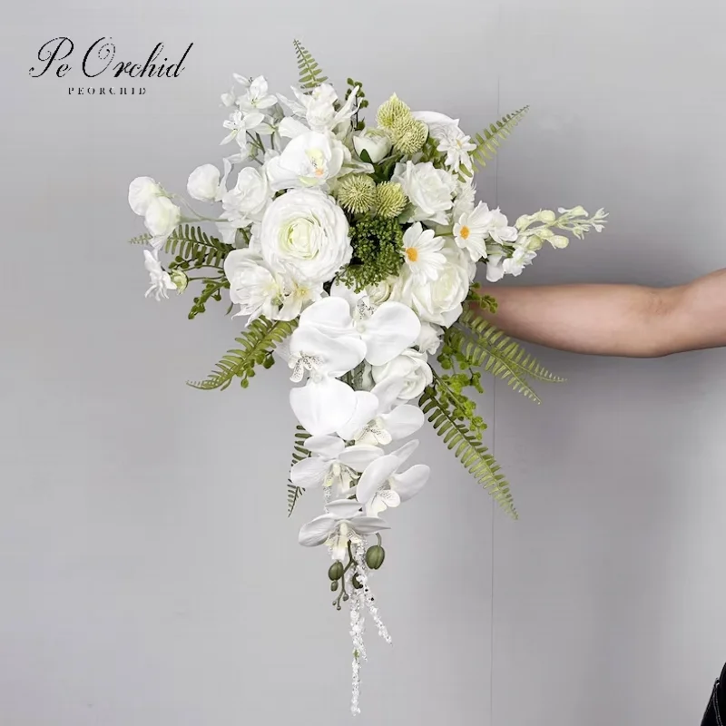 

PEORCHID искусственный белый каскадный свадебный букет орхидея роза каплевидный букет для невесты букет цветов 2026