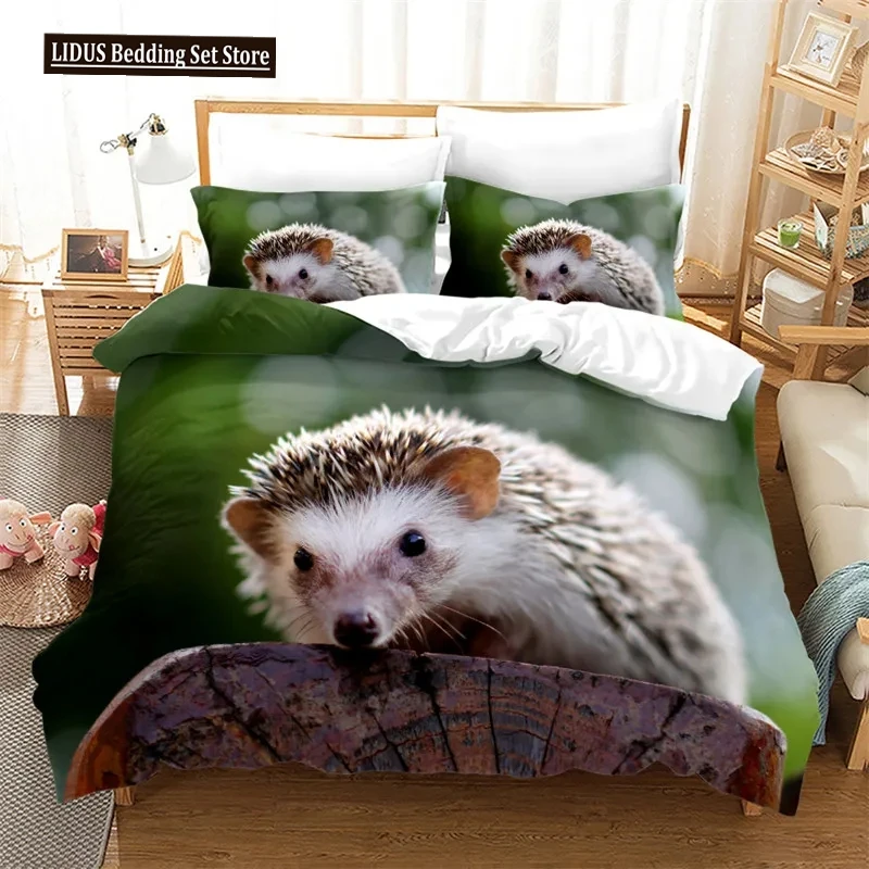 Hedgehog Bedding Set Cute Kawaii Wildlife Comforter Cover With Pillowcases For Boys Girl Polyester Bedding Set King Size