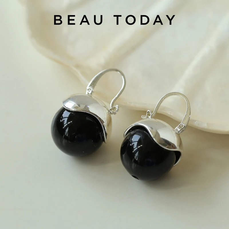 BEAUTODAY Earrings Women Black Agate Pendant Earring White Pearl Vintage Ladies Accessories 93542