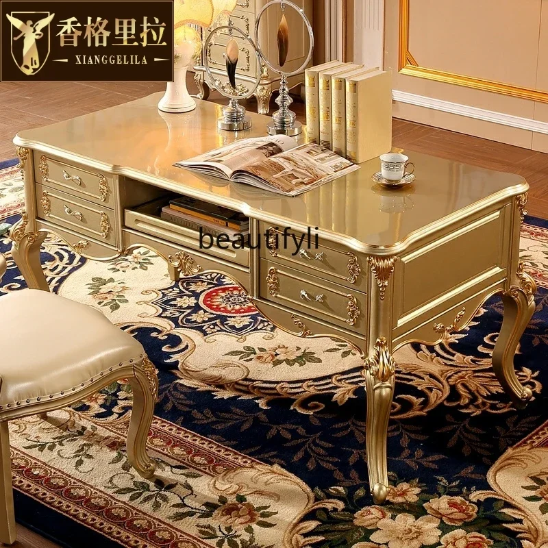 D178  American luxury solid wood gold-painted silver-painted large desk desk writing desk study furniture