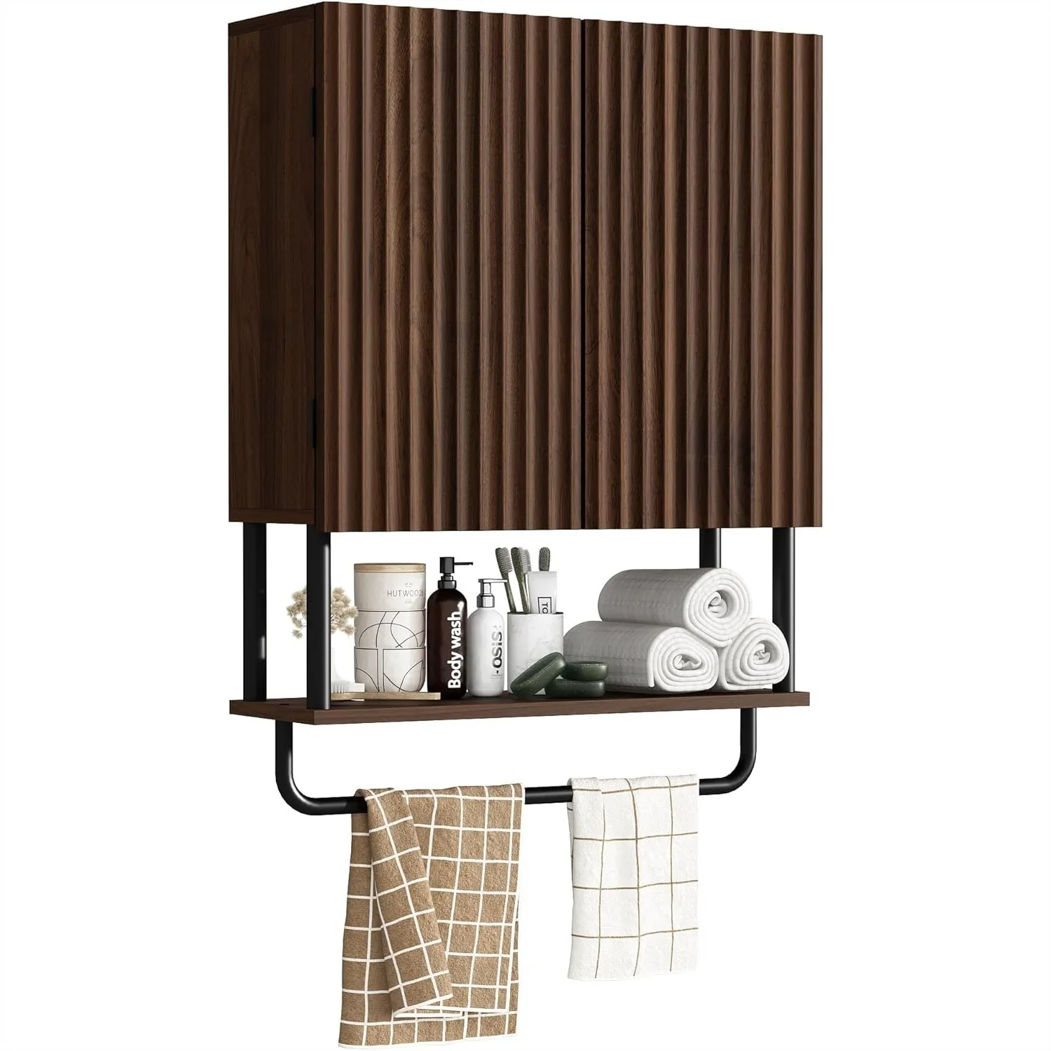 

Fluted Bathroom Wall Cabinet with 2 Doors, 3-Tier Farmhouse Medicine Cabinet, Over The Toilet Storage with Adjustable Shelf and