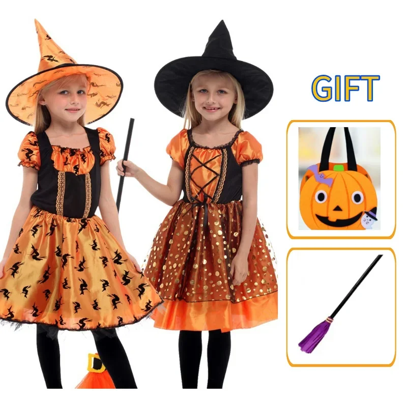 

Halloween Children Girls Witch Party Dress Gothic Ghost Costume Kids Gown Robe Tutu Dress Witch Hat for Purim Carnival Party