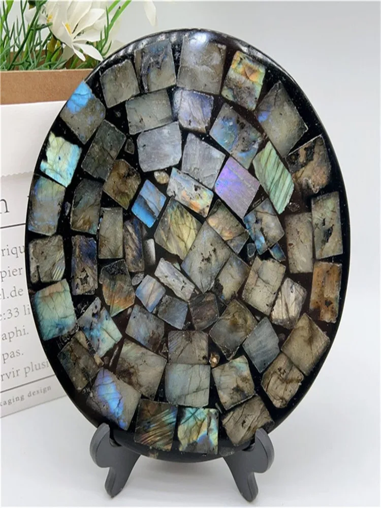 12cm Natural Labradorite Slice disk Mineral Plate compass for home decoration