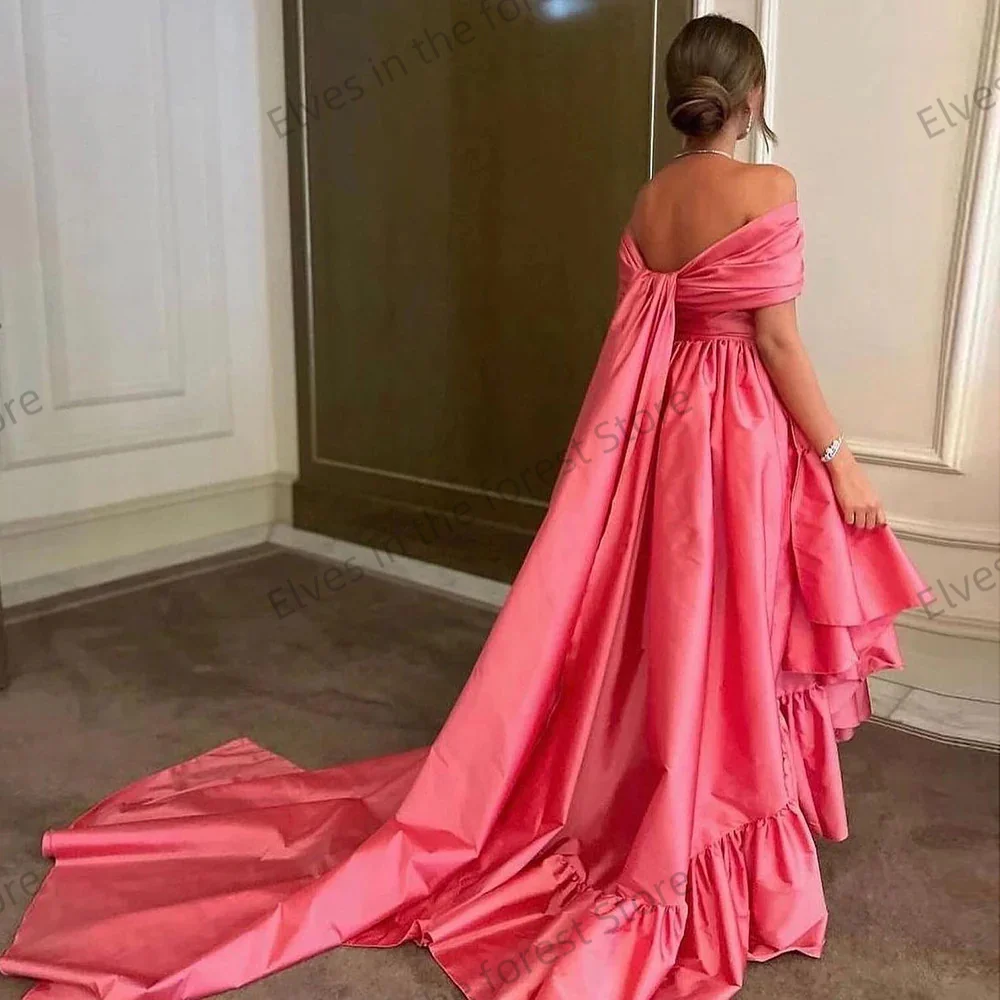 ชุดราตรีสีชมพูหรูหราสำหรับผู้หญิง ทรงเอไลน์ เปิดไหล่ ผ้าซาติน สำหรับงานแต่งงาน งานเลี้ยง  สามารถสั่งตัดได้ จับจีบระบาย  ชุดราตรี