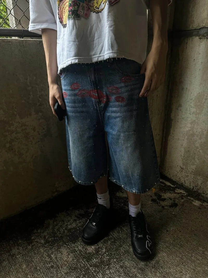 

Casual Hip-hop Harajuku Trendy Brand Oversized Washing Denim Shorts Men Y2k High Street Gothpunk Rock Loose Wide-leg Pants Women