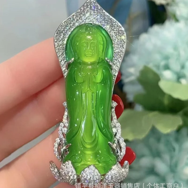 Silver-Plated Inlaid-like Green Chalcedony Station Avalokitesvara Pendant Emerald Green Agate Men's and Women's Guanyin Jade