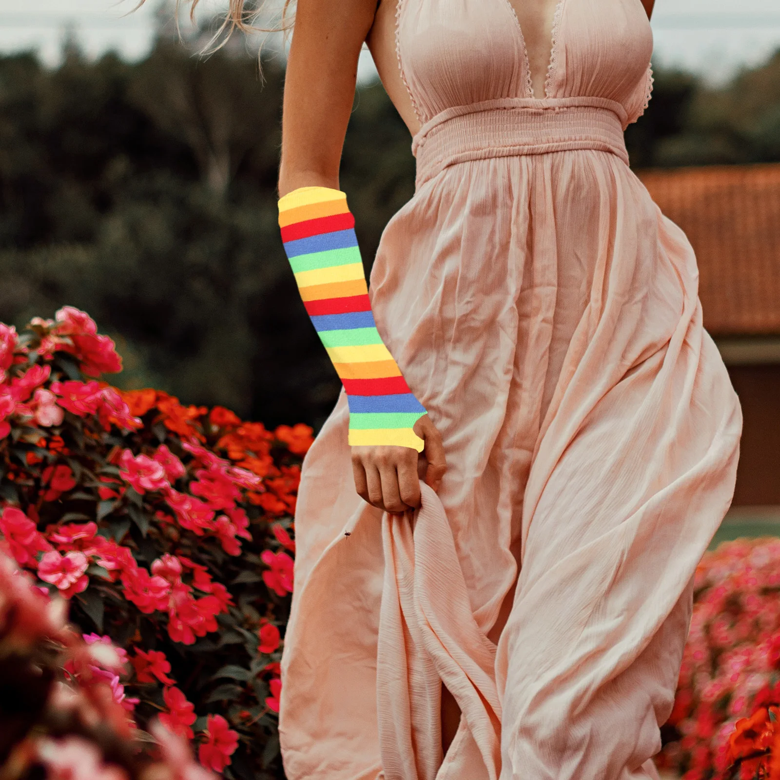 ストライプ柄ロングソックスとグローブのセット、鮮やかで通気性のある指なし、パーティーや仮装、ハロウィンコスプレのコスチュームアクセサリー、女性用