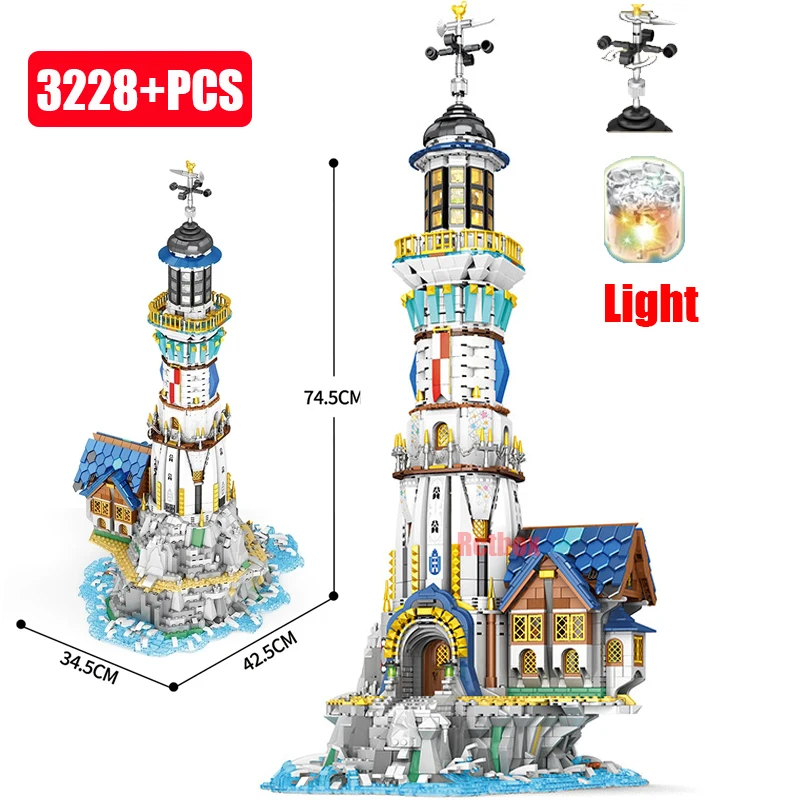 

New Lighthouse Model Building Blocks City Street View House Medieval Architecture Bricks with Light Construction Toys Kids Gifts