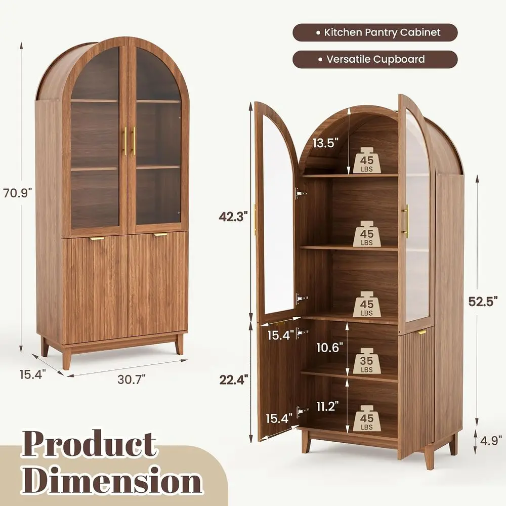 71 Walnut Arched Glass Door Kitchen Pantry Cabinet with Adjustable Shelves for Dining or Living Room view 2