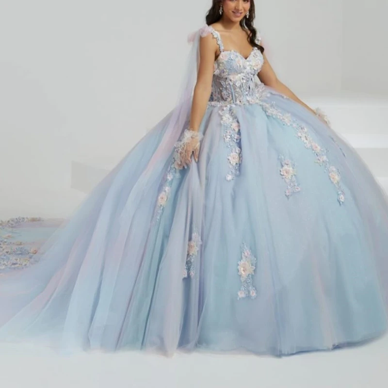 

Sky Blue Sweetheart Quinceanera Dresses Ball Gown Sweet 16 Girls Applique Lace Beads Birthday Party Vestido De 15 Anos