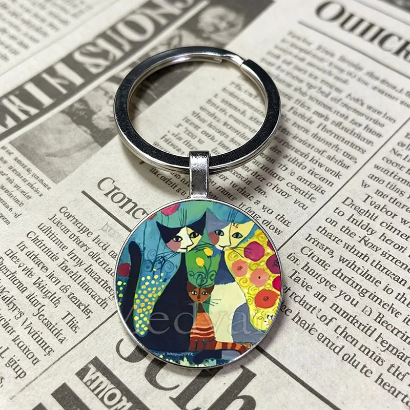 Hot Sale Abstract Creative Cat Glass Dome Keychain Cat Home I Love Cat Charm Pendant Fashion Keyring For Cat Fans