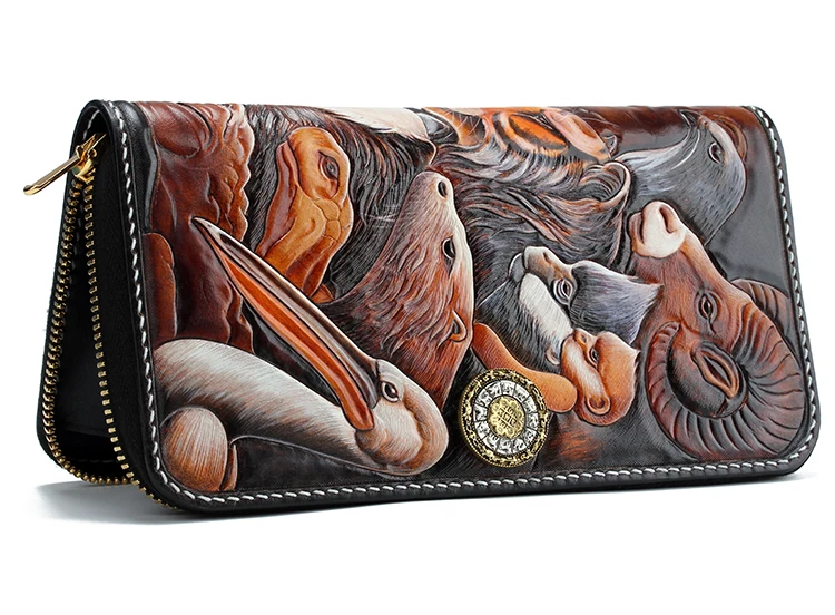 Handmade Ladies Zipper All Animals Wallets Purses Women Men Long Clutch Vegetable Tanned Leather Wallet Card Holder Gifts