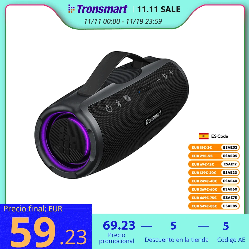 Altavoz Tronsmart Mirtune S100 Altavoz Bluetooth de 50 W con IPX7 resistente al agua, control de aplicaciones, powerbank incorporado y mango retráctil