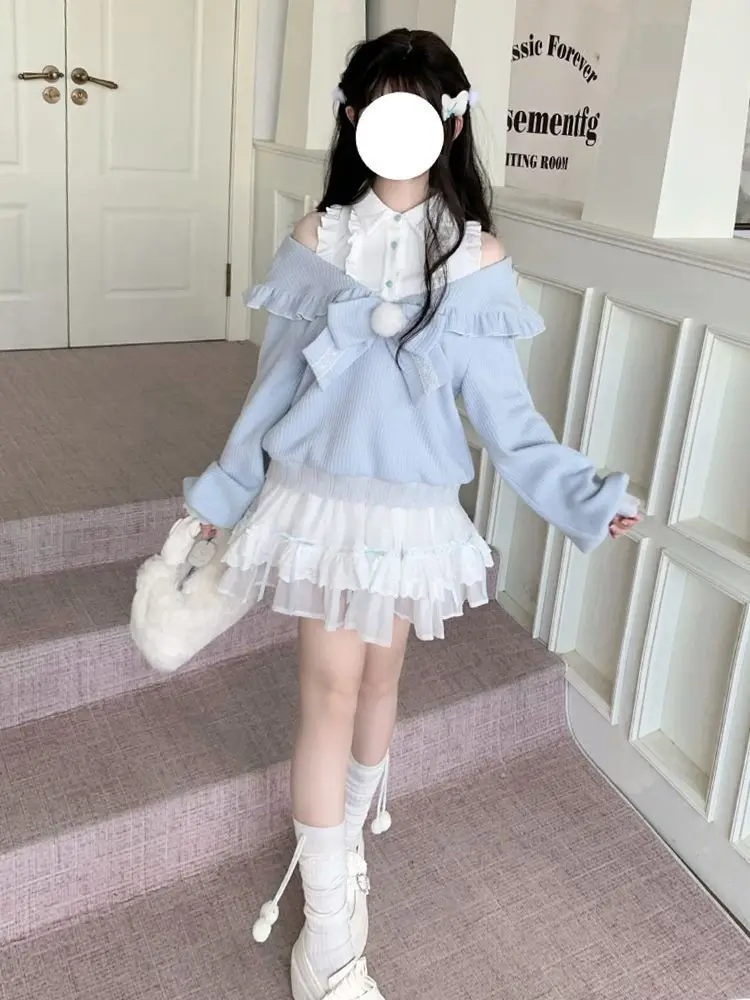 

Onalippa 2025 новый дизайн Nana фэн-шуй сладкий милый осенне-зимний свитер с открытыми плечами балетный стиль платье миди комплект женский