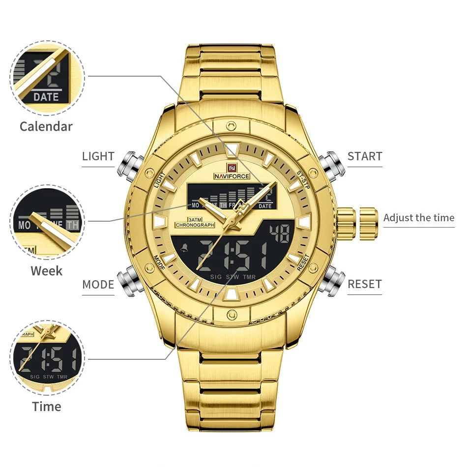 New NAVIFORCE Men Dual Display Sport Resistant Alarm Watch Stainless Steel Water Countdown Multi Function Wristwatch Gifts Box