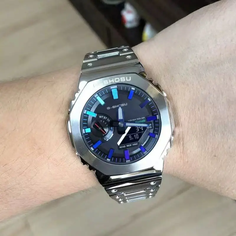 ساعة رقمية رياضية إلكترونية للجنسين، وظيفة كاملة، سبائك LED، قرص كبير، حزام فولاذي للتوقيت العالمي، سلسلة GMB Oak