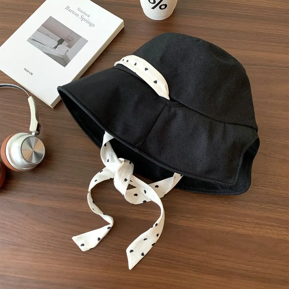 Casual Polka Dot Ribbon Women Fisherman Hat Solid Color Wide Brim Summer Sun Hat Breathable Cotton Bucket Hat Beach 2