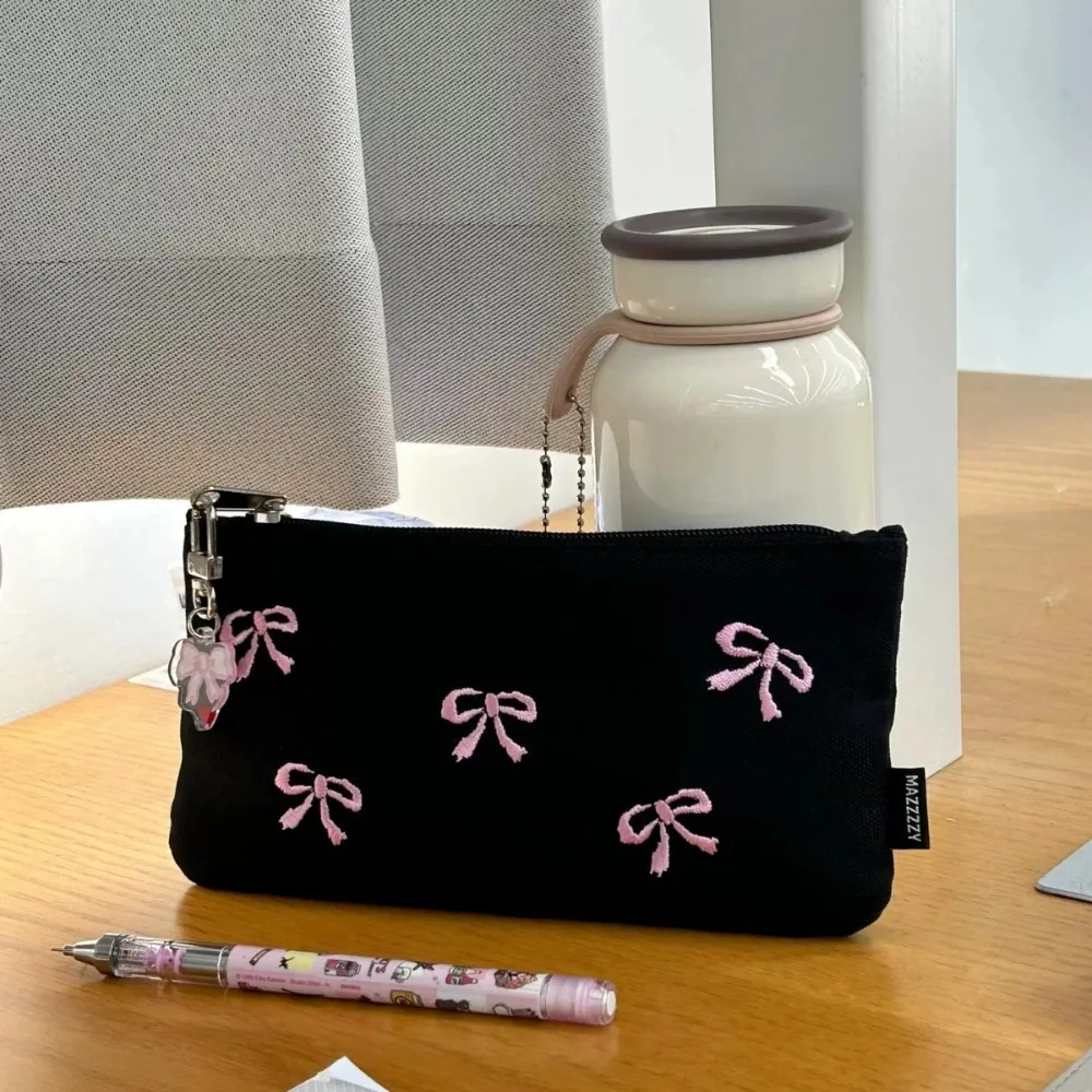 New Canvas Cute Embroidered Bag Bowknot Square Shape Cosmetics Bag Lovely Print Pencil Case