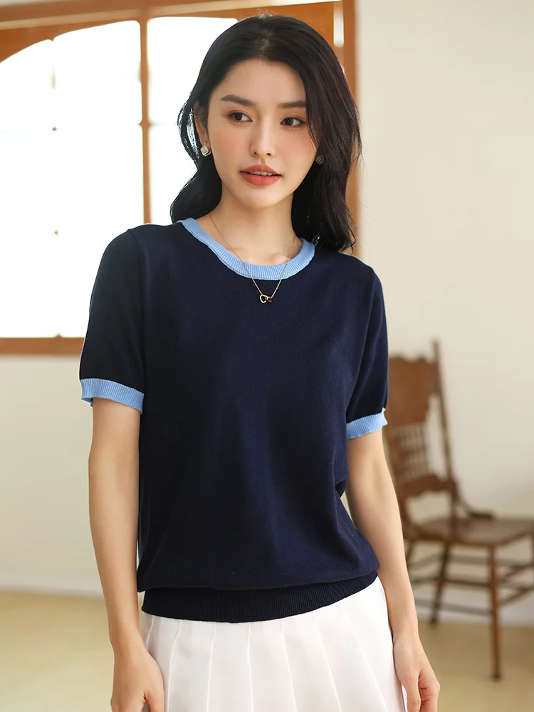 

Spring Summer Women 100% Cotton Sweaters T-Shirts Short Sleeve O-neck Color Block Knitwears Pullover Female Tops