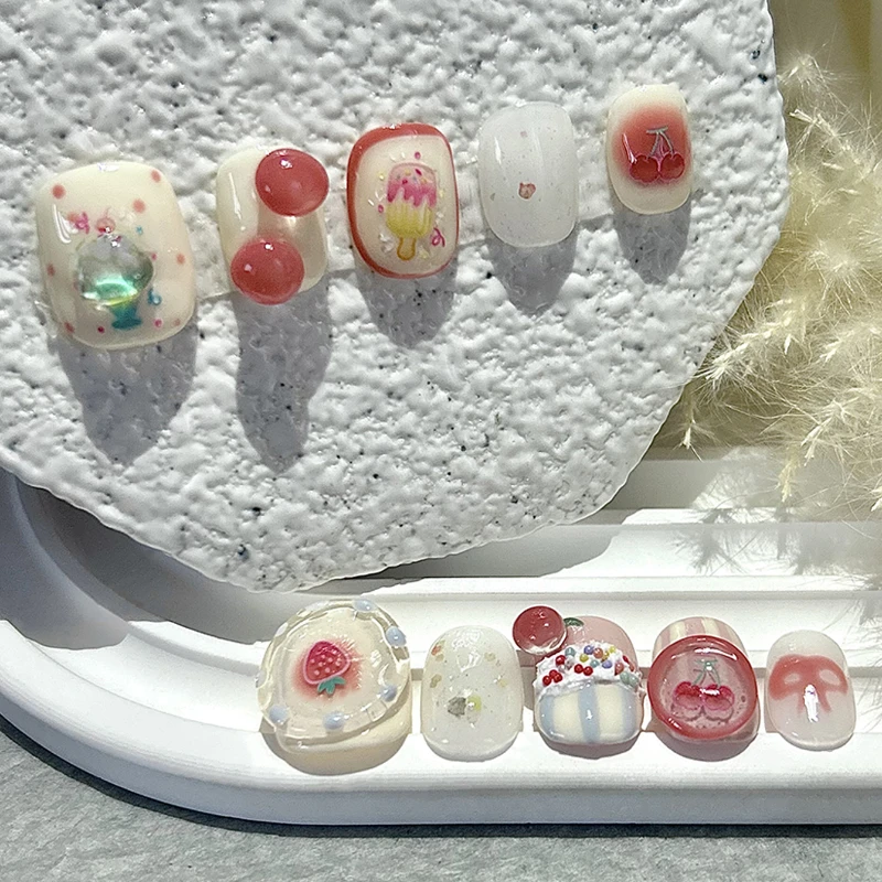 Summer Press On Nails Handmade Cute Ice Cream Strawberry Translucent Jelly Short Round Wear False Nail Patches Removable