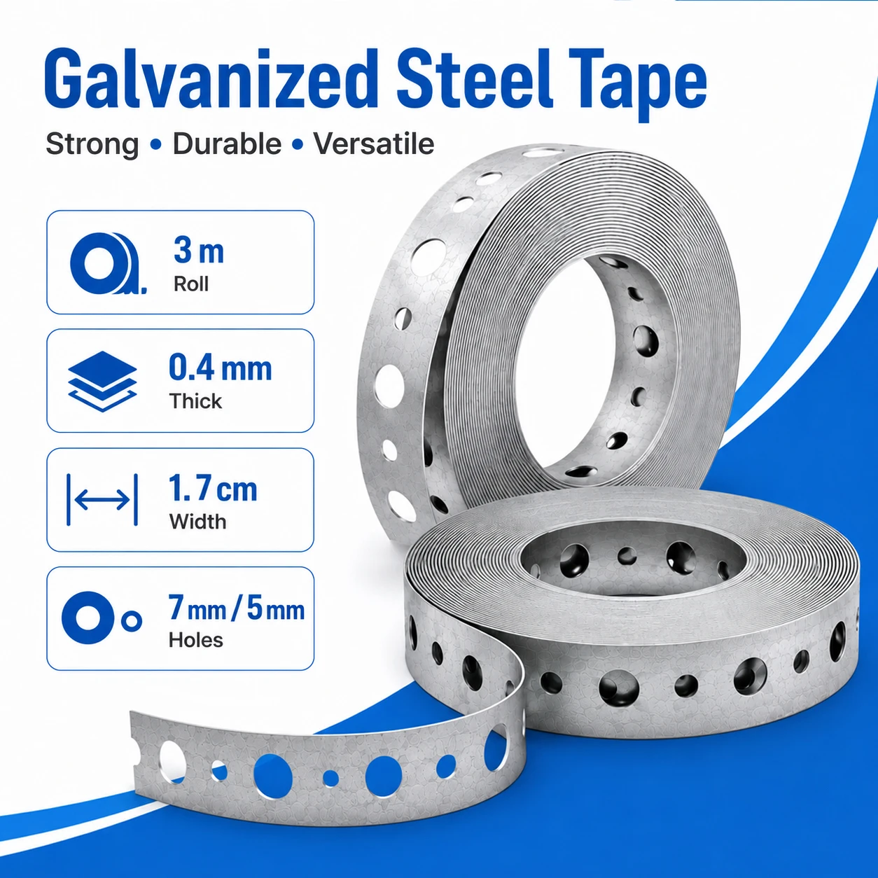 1-5Roll 3meter Galvanized Perforated Metal Tape, Pre-Punched Steel Hanger Strap with Screws Multi-Slot Fixing Band