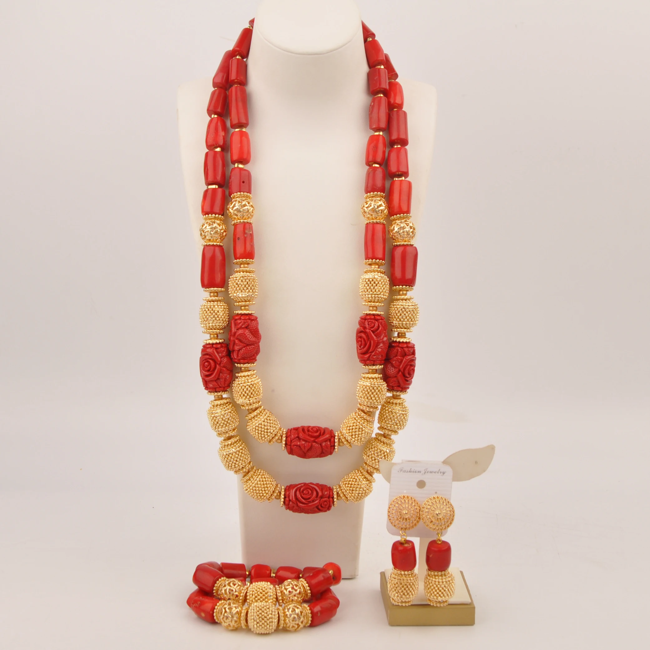 Red coral Nigerian Traditional Beads Necklace Set For African Bridal