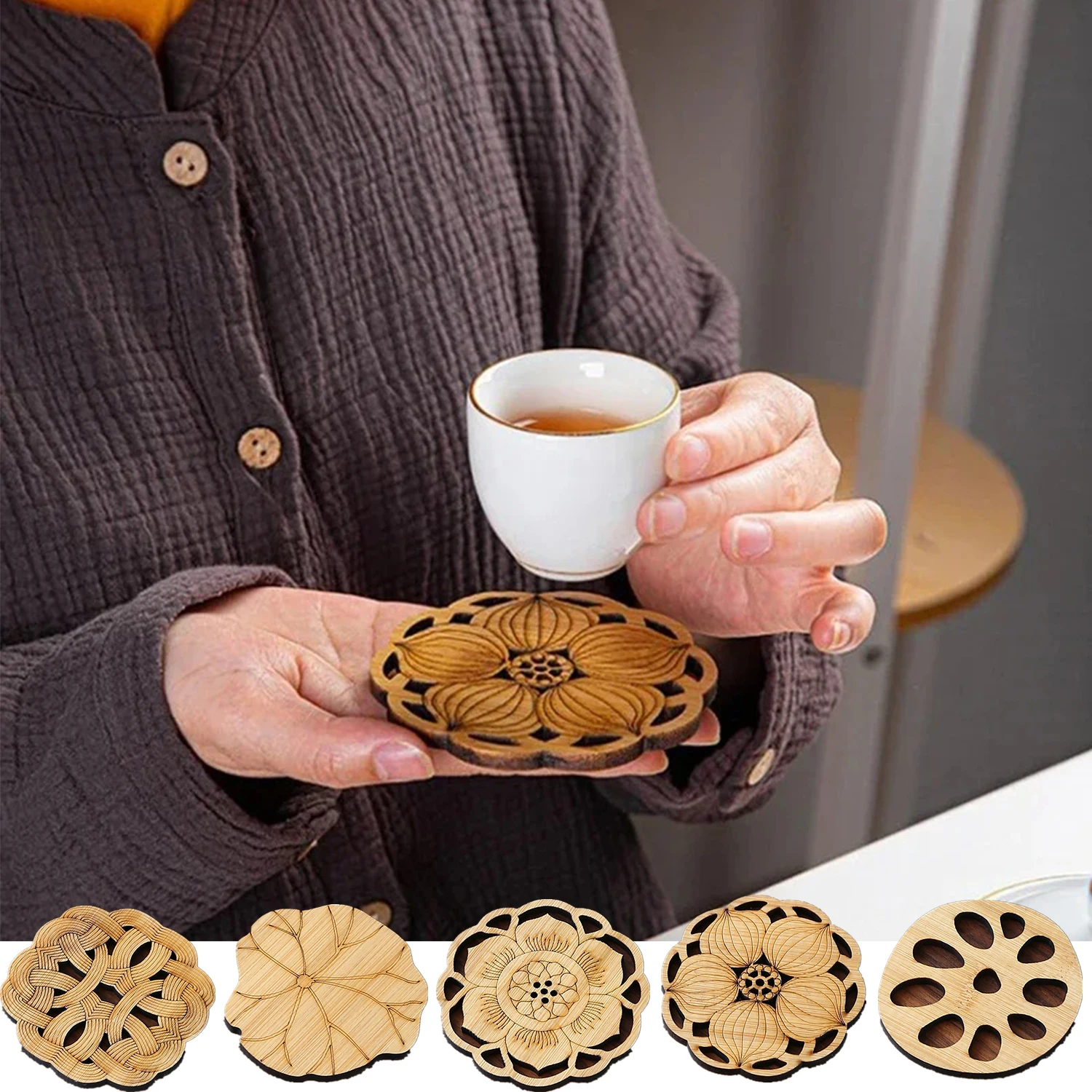 

Creative Lotus Flower Drink Coasters Wooden Round Cup Table Mat Tea Coffee Mug Placemat Home Decoration Kitchen Accessories