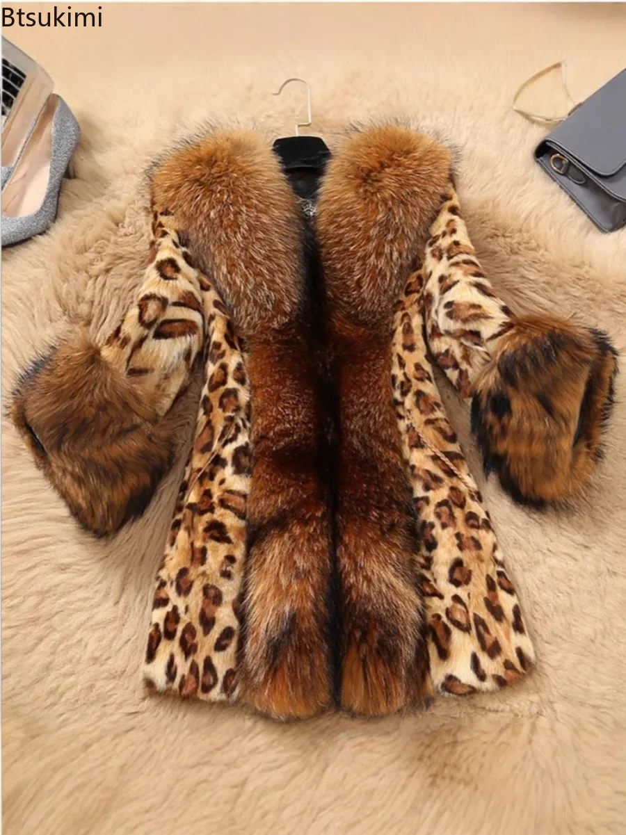 Winter Jackets Women's Artificial Fur Coats Street Fashion Leopard Pattern Plush Warm Jackets Faux Fur Middle-length Outerwear