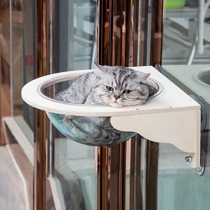 Creative Suction Cup Glass Cat Hammock Solid Wood, Transparent Spacecraft Sleeping Bed Climbing Frame, No punching required, 1Pc