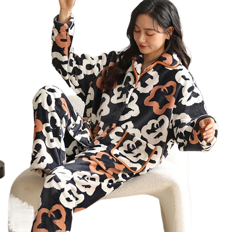 Women's Suit Autumn and Winter Can Be Worn Outside Pajamas Loungewear Suit  Warm Fleece Thickened Flannel Coral Fleece Popular
