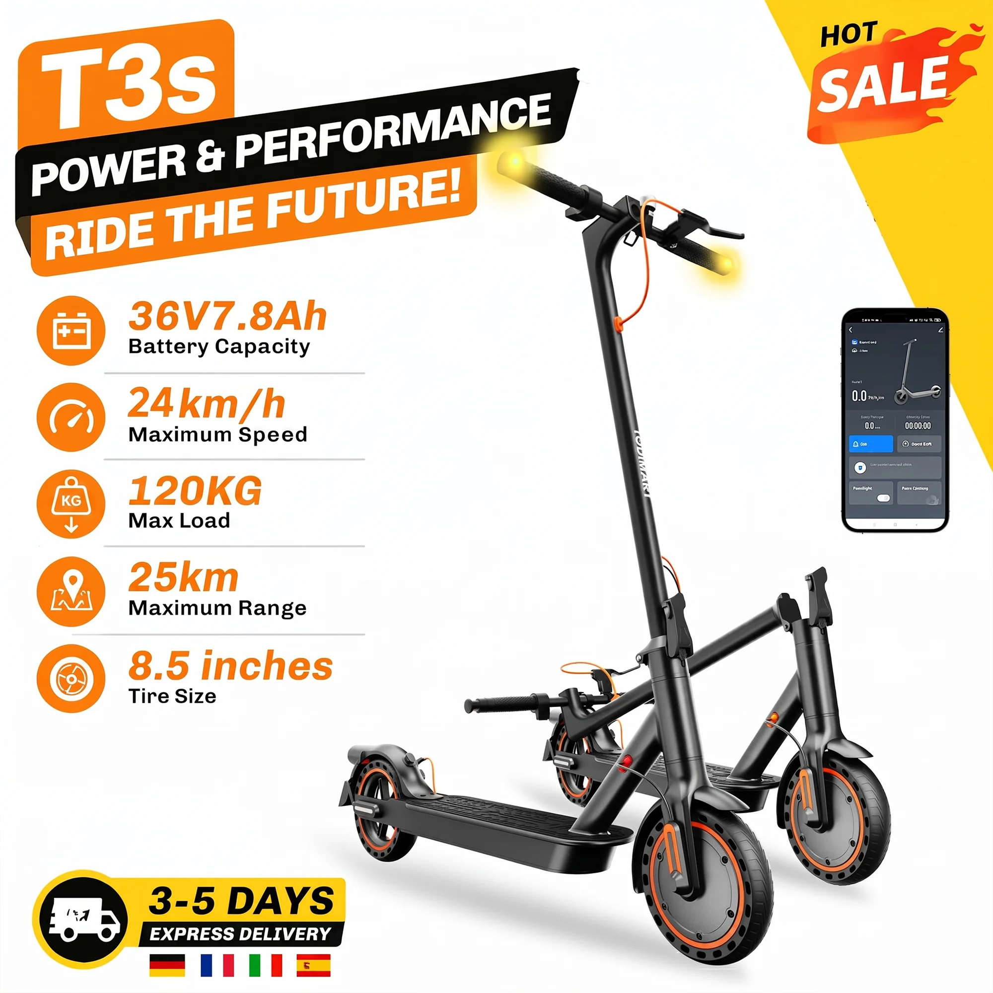 Todimart T3S Monopattino Elettrico per Adulti Monopattino Pieghevole con Frecce Direzionali 36V 7.8Ah Battery Autonomia 25‑30KM Display LED Controllo App Carico Massimo 120KG per Spostamenti Urbani