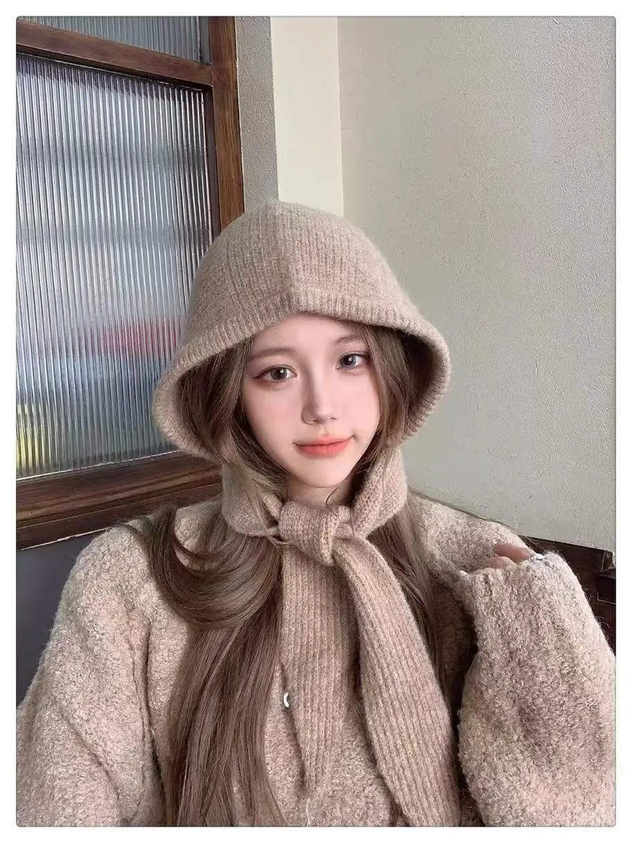 INS South korea Balaclava Scarf Integrated Women Autumn and Winter Earmuff Warm Pure Wool Knitted Wool Hat