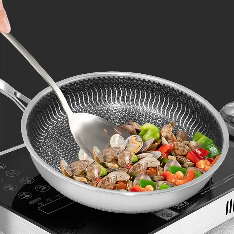 Nonstick Frying Pan, No-Coating Stainless Steel Cooking Pots for Kitchen, 28CM 30CM Wok Pans with Lid, Skillet Saucepan