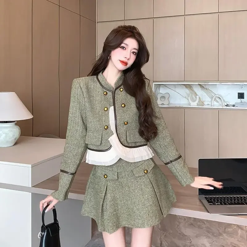 Socialite Style Elegant Tailored Jacket Top Half Skirt Color Block Wool Suit New Arrival Real Tested