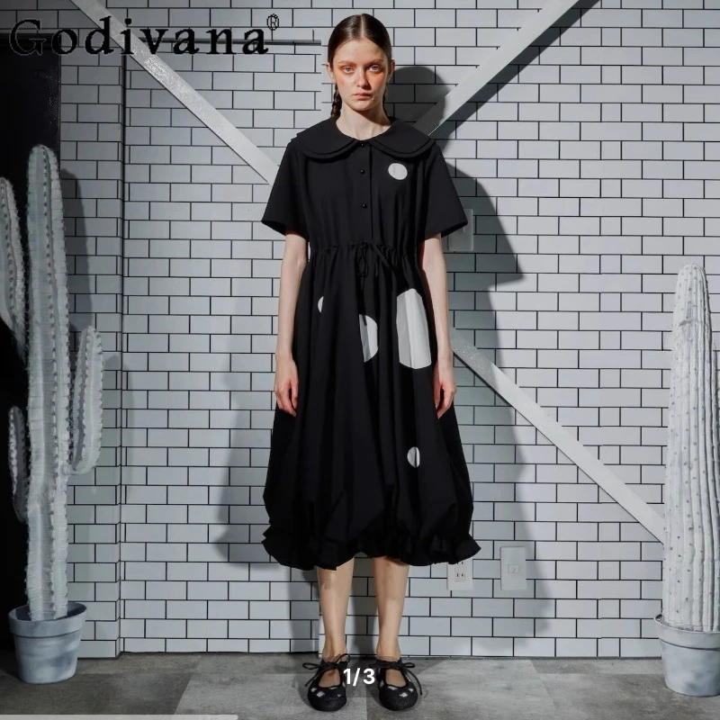 

Japanese Fashion Sweet Long Sleeve Dress Autumn New Girls' Cute Polka Dot Print Doll Collar Long Dress Daily Basic Casual Dress